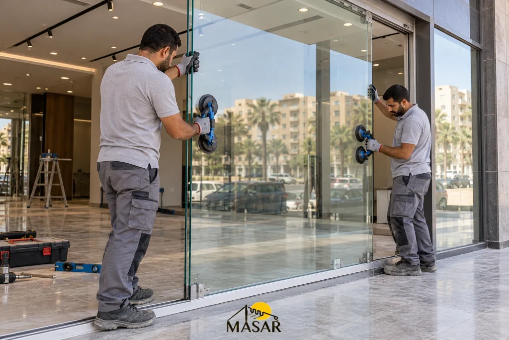 تركيب زجاج سيكوريت لواجهة محل بواسطة فنيي مسار شيد