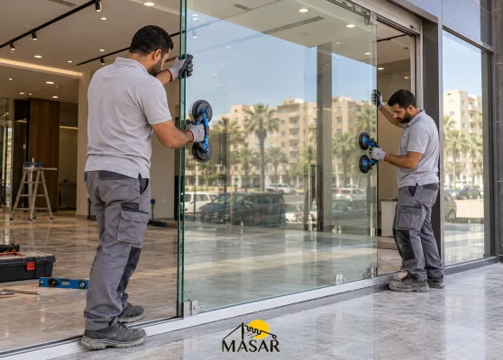 تركيب زجاج سيكوريت لواجهة محل بواسطة فنيي مسار شيد تركيب زجاج سيكوريت لواجهة محل بواسطة فنيي مسار شيد
